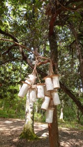 Strumento artigianale 'Ascoltofono' realizzato con rotoli di carta, rivestito di ritagli di parole da un vocabolario e uniti da uno spago. Un invito all'ascolto della natura.