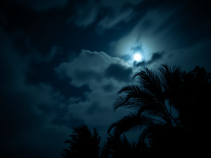 Un cielo notturno con la luna piena che si nasconde tra le nuvole, mentre i rami di una pianta sembrano allungarsi fino a toccarla.