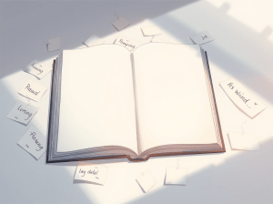 Un grande taccuino aperto illuminato da una luce naturale riflessa, circondato da piccoli biglietti con parole scritte, simbolo della scrittura che dà voce al silenzio.
