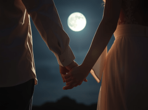 Due persone di spalle che si tengono per mano guardando la luna piena.